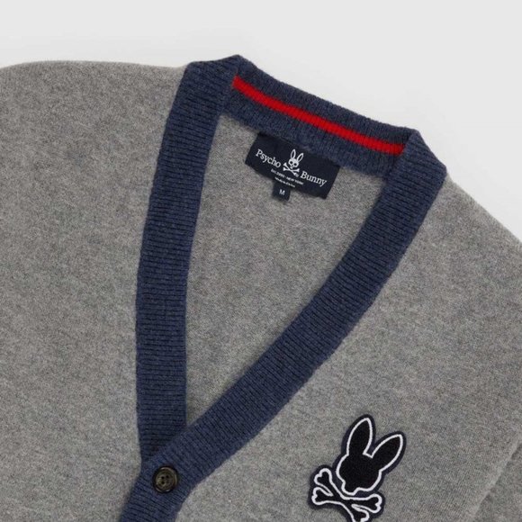 PSYCHO BUNNY Fulton Cardigan Sweater 498, Heather Grey Storm Skull Bunny, Unisex - Picture 10 of 16